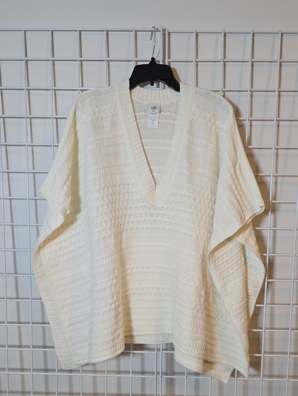 CAbi Ivory Cable Knit V-Neck Poncho One Size